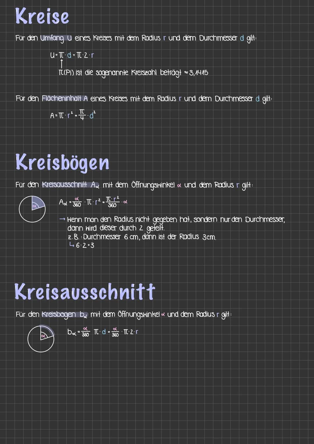 Kreise
Für den Umfang U eines Kreises mit dem Radius r und dem Durchmesser d gilt:
U-T d=TL 2.r
↑
T(Pi) ist die sogenannte Kreiszahl beträgt