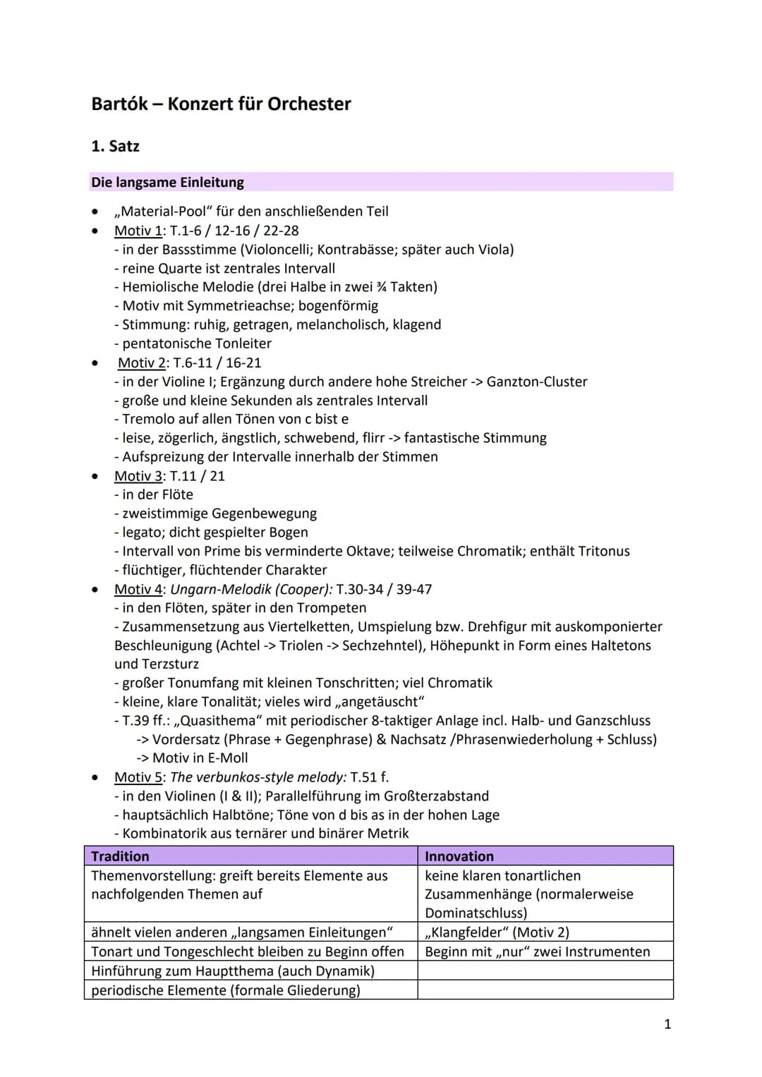 Bartók - Konzert für Orchester
1. Satz
Die langsame Einleitung
● ,,Material-Pool" für den anschließenden Teil
● Motiv 1: T.1-6/12-16 / 22-28