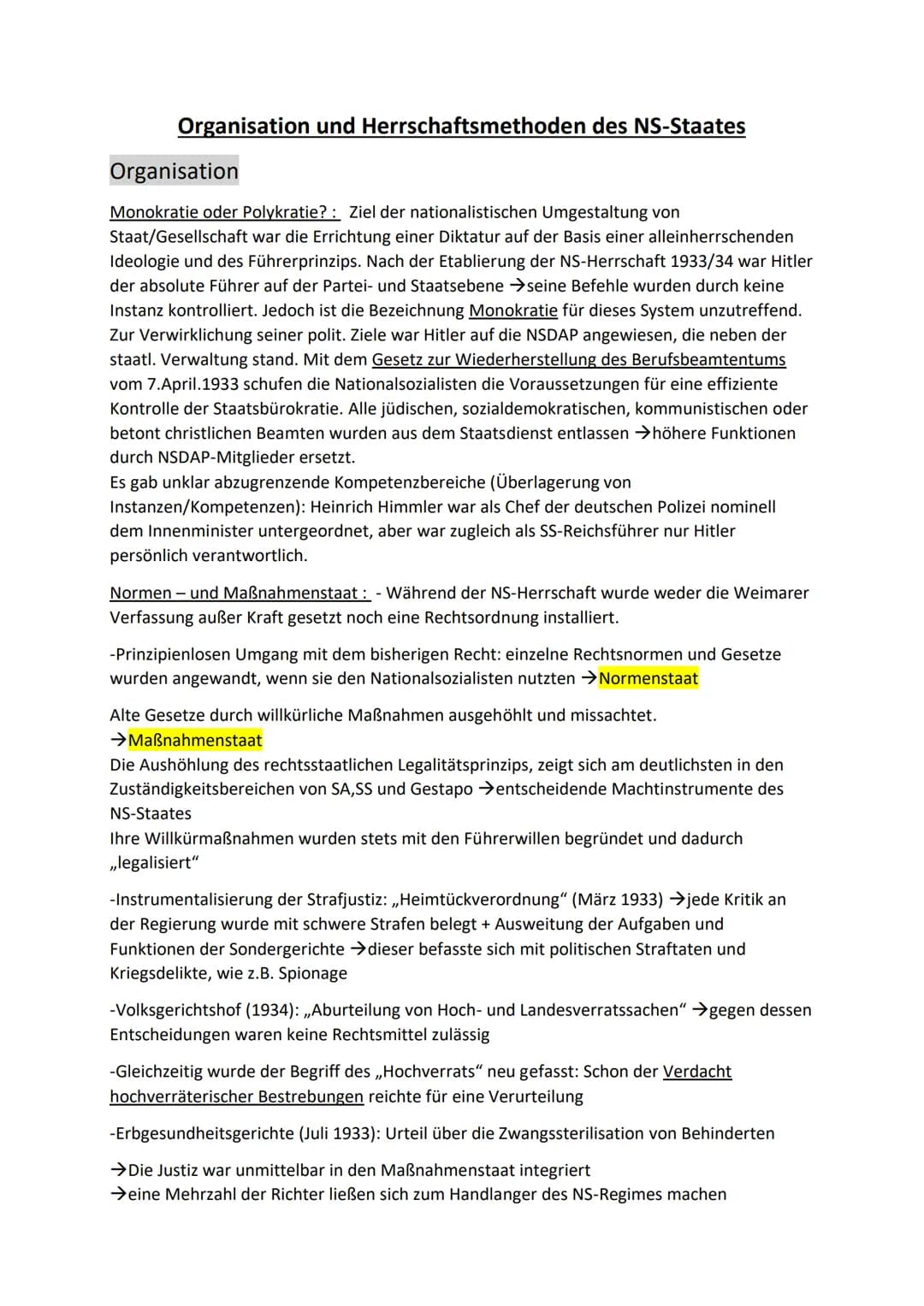 Organisation und Herrschaftsmethoden des NS-Staates
Organisation
Monokratie oder Polykratie? : Ziel der nationalistischen Umgestaltung von
S