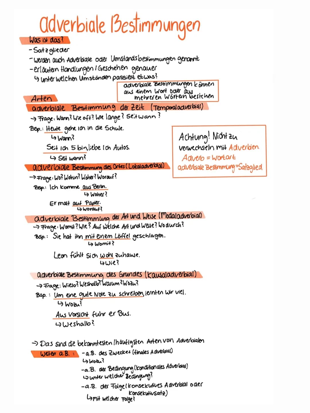 adverbiale Bestimmungen
Was ist das?
-Satzglieder
werden auch Adverbiale oder Umstandsbestimmungen genannt
-erläutern Handlungen / Geschehen