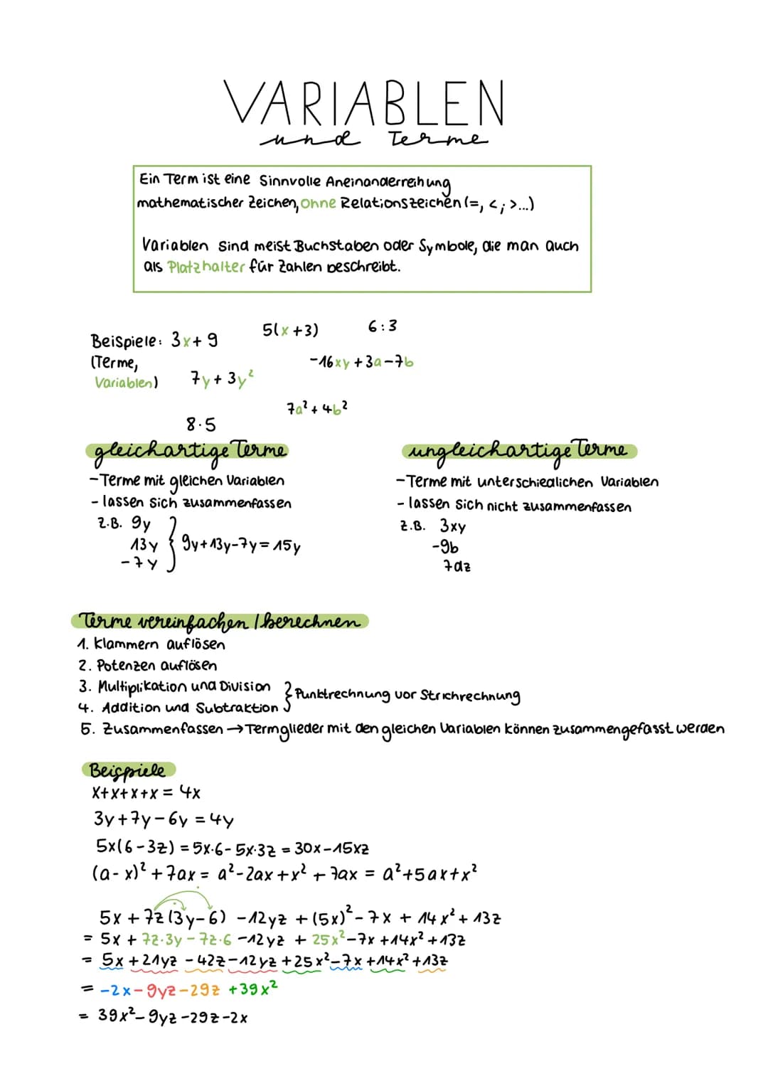 VARIABLEN
Ein Term ist eine Sinnvolle Aneinanderreihung
mathematischer Zeichen, ohne Relationszeichen (=, <; > ...)
Beispiele: 3x+9
(Terme,
