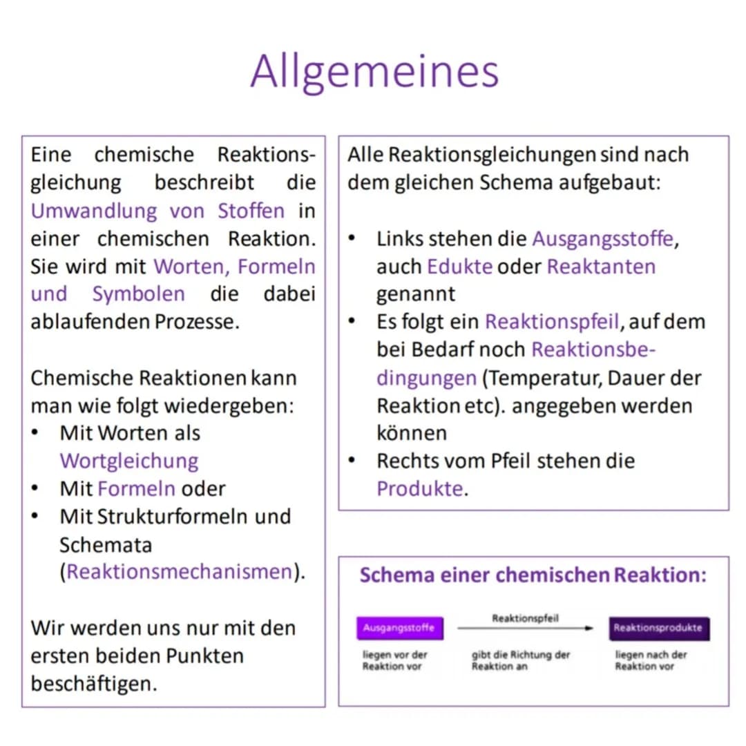Allgemeines
Eine chemische Reaktions-
gleichung beschreibt die
Umwandlung von Stoffen in
einer chemischen Reaktion.
Sie wird mit Worten, For