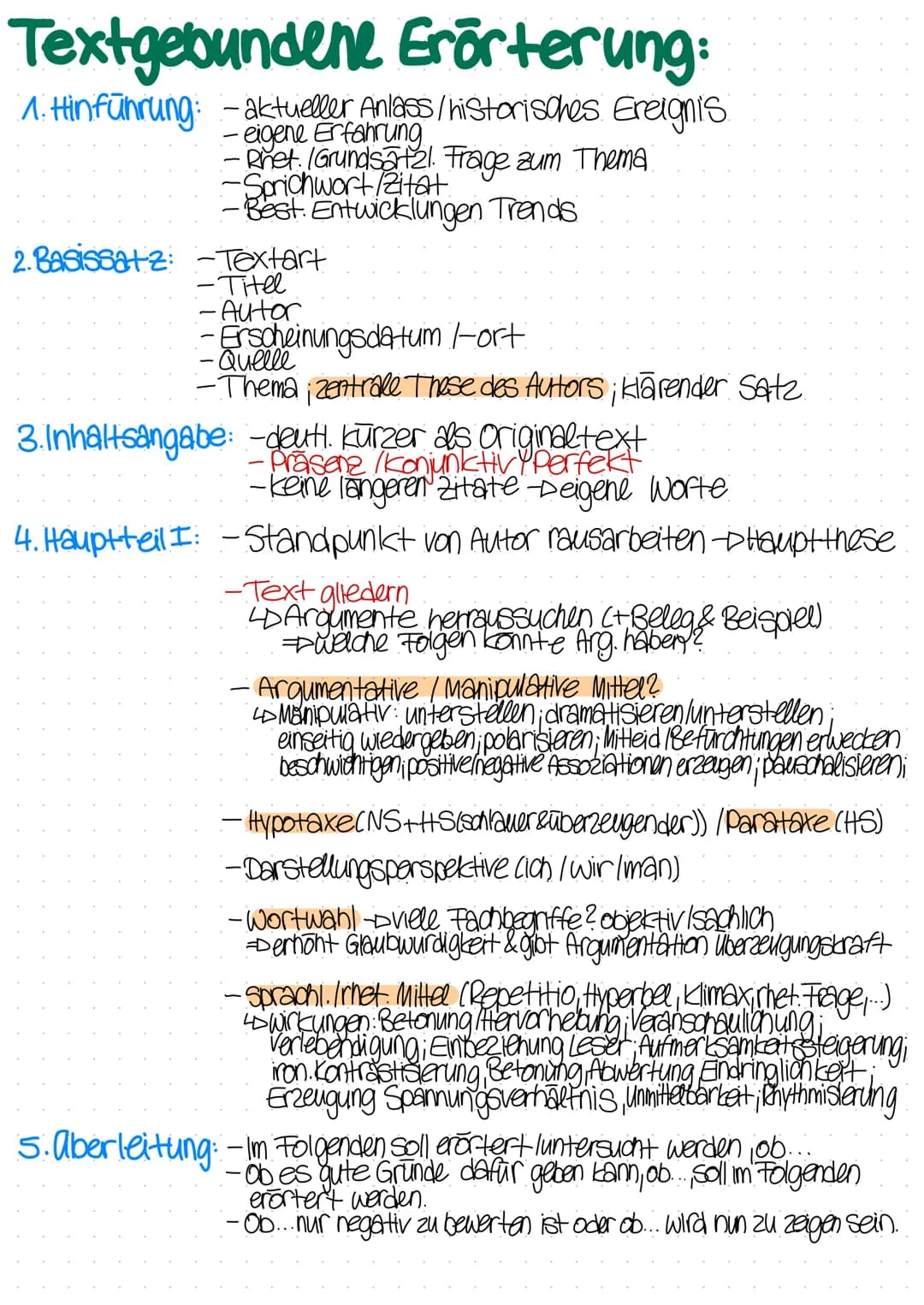 Textgebundene Erörterung:
1. Hinführung: - aktueller Anlass/historisches Ereignis
-eigene Erfahrung
-Rhet. /Grundsätzl. Frage zum Thema.
-Sp