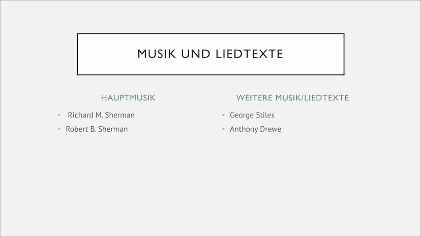 MARY POPPINS
Von
Tamara, Anna, Alex, Sarah, Alexa, Flo BUCH
Julian Fellowes CHOREOGRAFIE
Stephen Mear ●
●
MUSIK UND LIEDTEXTE
HAUPTMUSIK
Ric