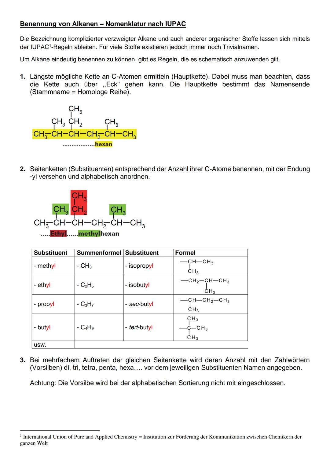 Benennung von Alkanen - Nomenklatur nach IUPAC
Die Bezeichnung komplizierter verzweigter Alkane und auch anderer organischer Stoffe lassen s