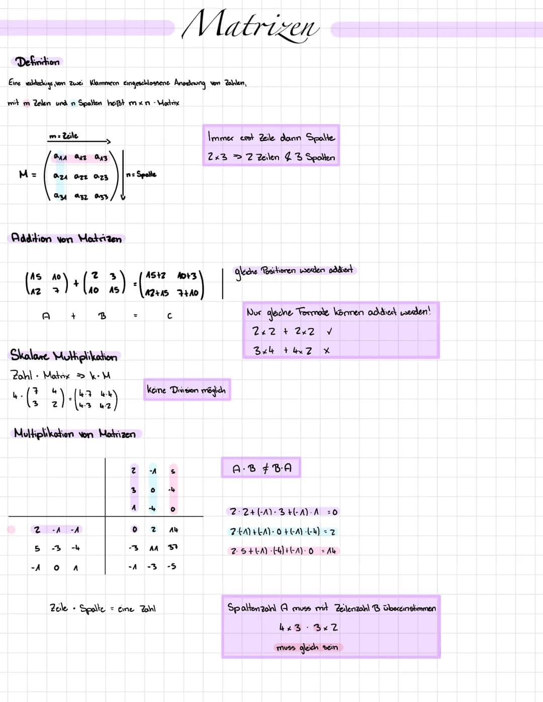 Definition
Eine rechteckige, von zwei Klammern eingeschlossene Anordnung
mit m Zeilen und n Spalten heißt mxn - Matrix
M =
m= Zeile
ала алг 