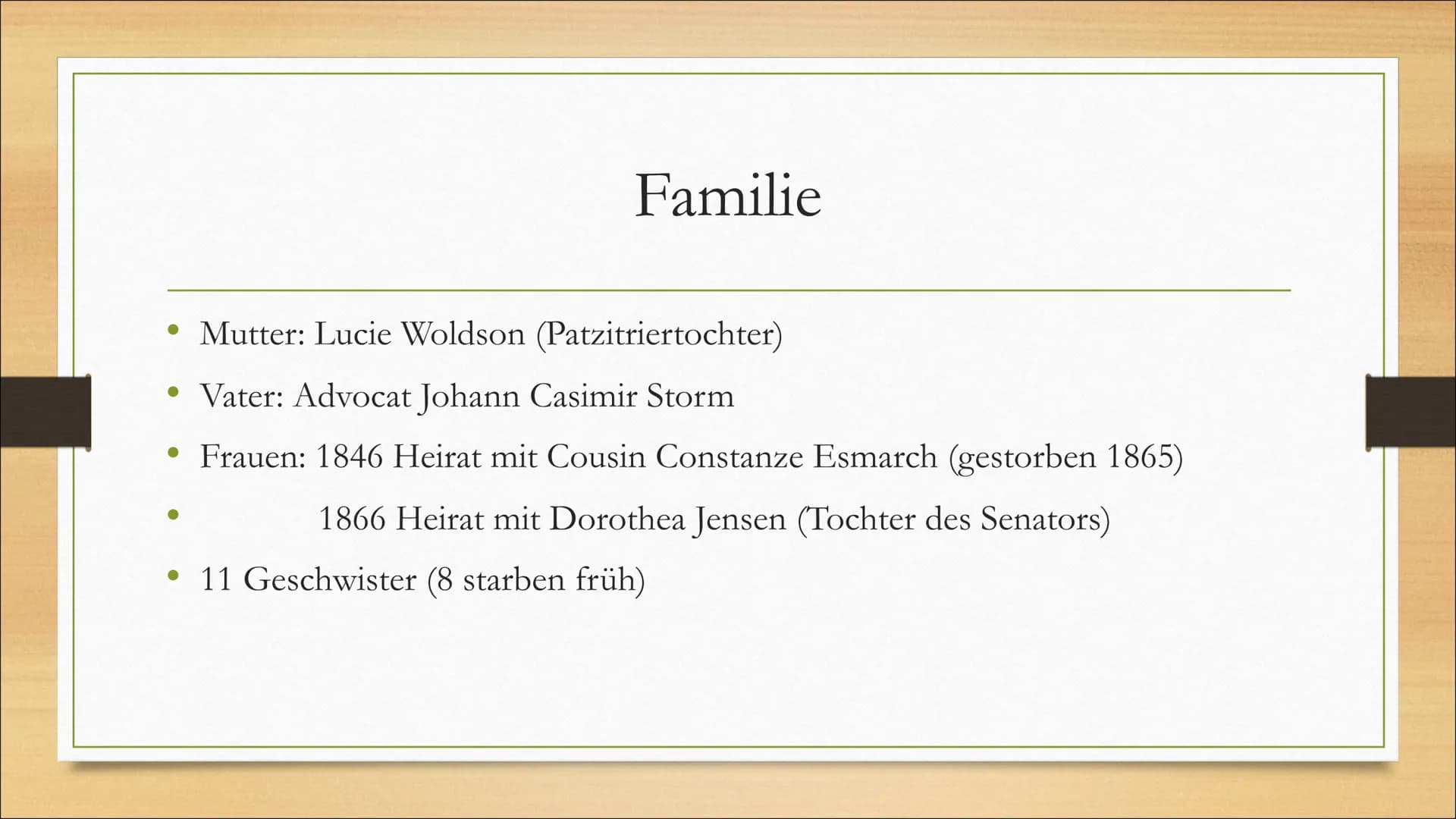 Theodor Storm
und seine Werke ●
●
Grundinformationen
Familie
Bildung
Weiteres Leben
Die Bekanntesten Werke
Gliederung • Name: Hans Theodor W