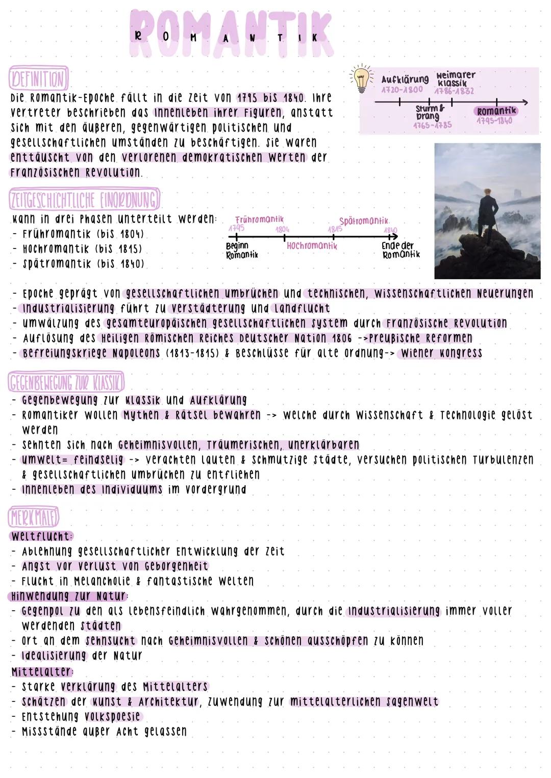 ROMANTIK
DEFINITION
Die Romantik-Epoche fällt in die zeit von 1795 bis 1840. Thre
vertreter beschrieben das Innenleben ihrer Figuren, anstat