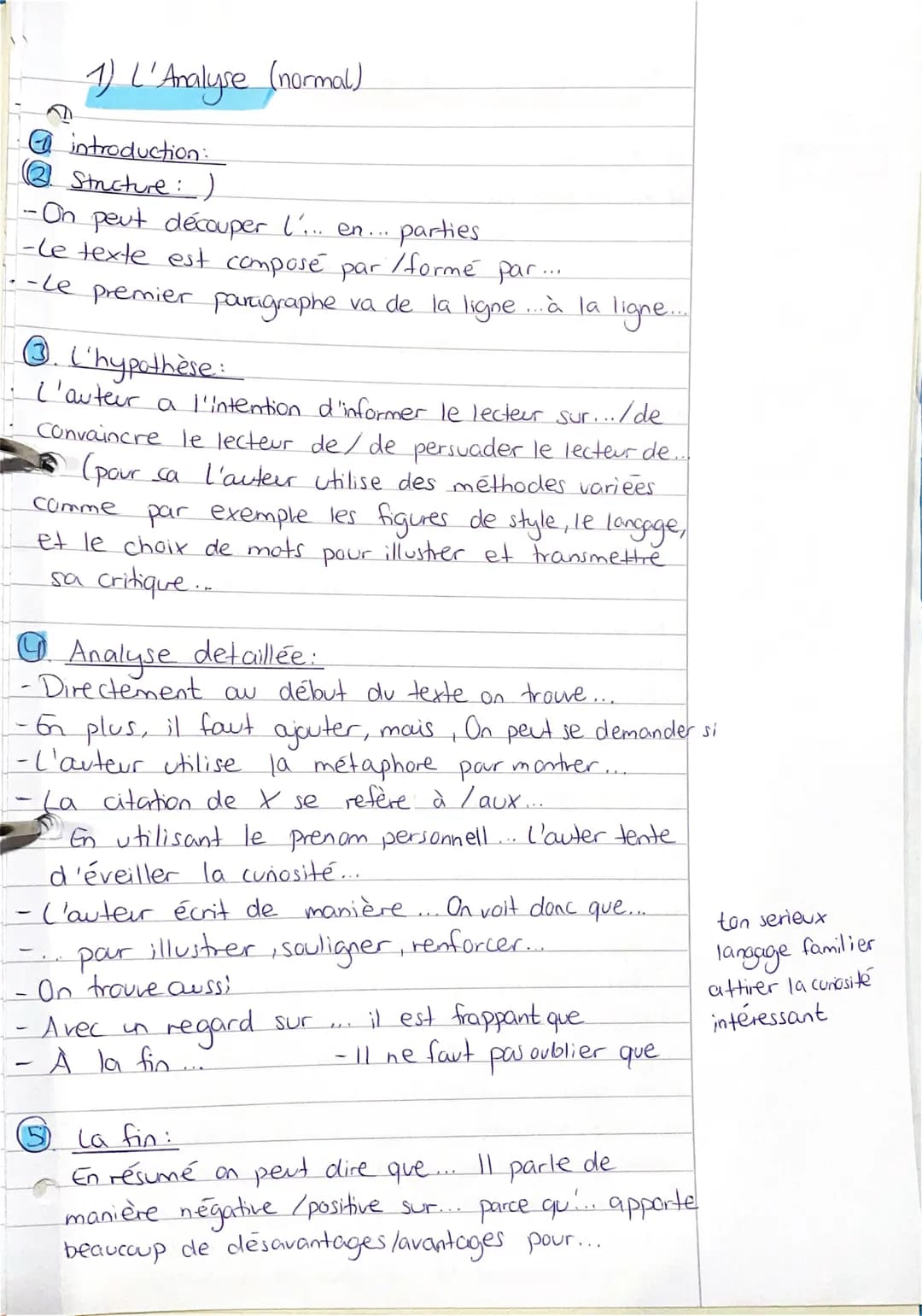 1) L'Analyse (normal)
Gintroduction:
Structure :)
-On peut découper l'... en....
-Le texte est composé par:
1.- Le premier paragraphe va de 