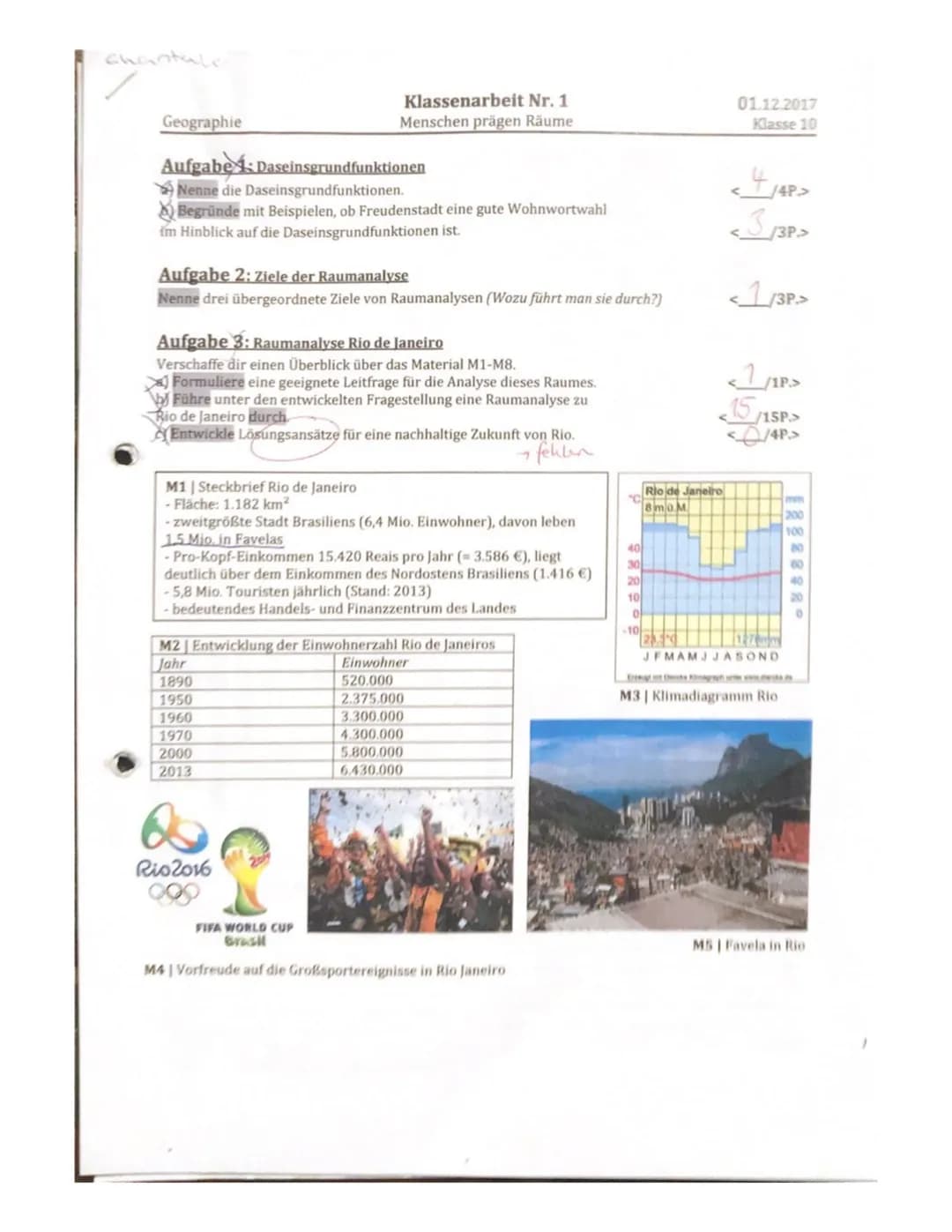 Klassenarbeit Nr. 1
Menschen prägen Räume
Geographie
Aufgabe 1: Daseinsgrundfunktionen
Nenne die Daseinsgrundfunktionen.
Begründe mit Beispi