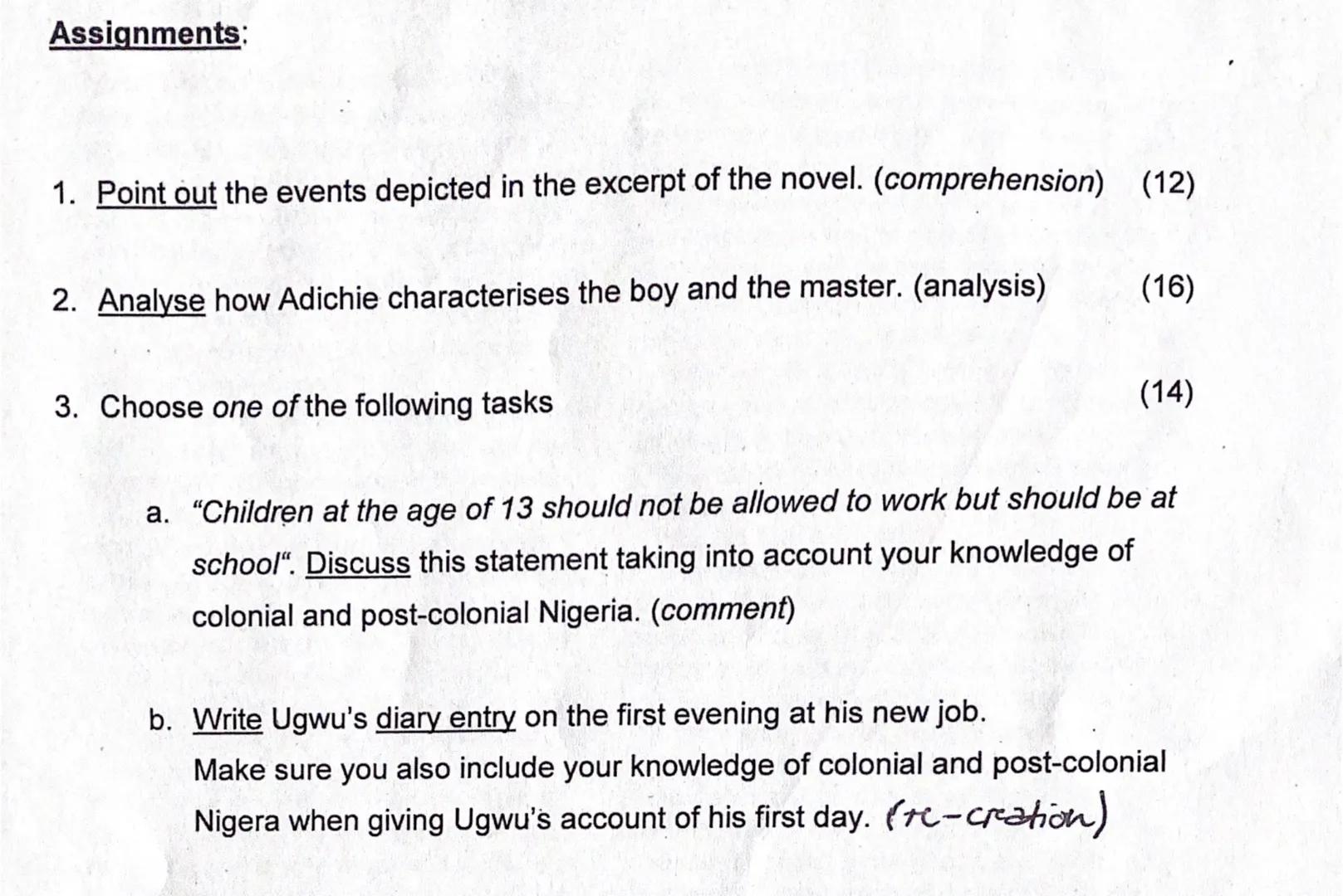 Assignments:

1. Point out the events depicted in the excerpt of the novel. (comprehension) (12)
2. Analyse how Adichie characterises the bo