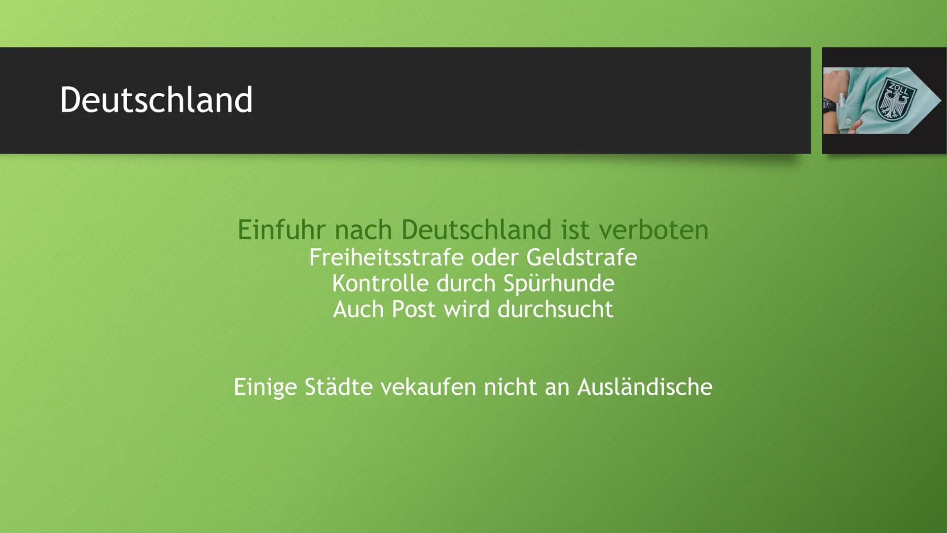 Die Drogenpolitik in den
Niederlanden Gesetzliche Regelung
Duldungspolitik
Max. 5g pro Person
Max. Vorrat 500g
Keine Belästigung darstellen
