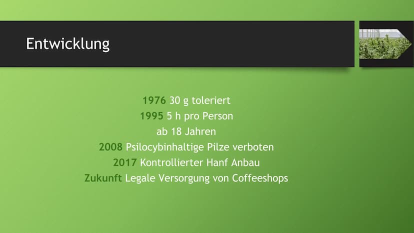 Die Drogenpolitik in den
Niederlanden Gesetzliche Regelung
Duldungspolitik
Max. 5g pro Person
Max. Vorrat 500g
Keine Belästigung darstellen
