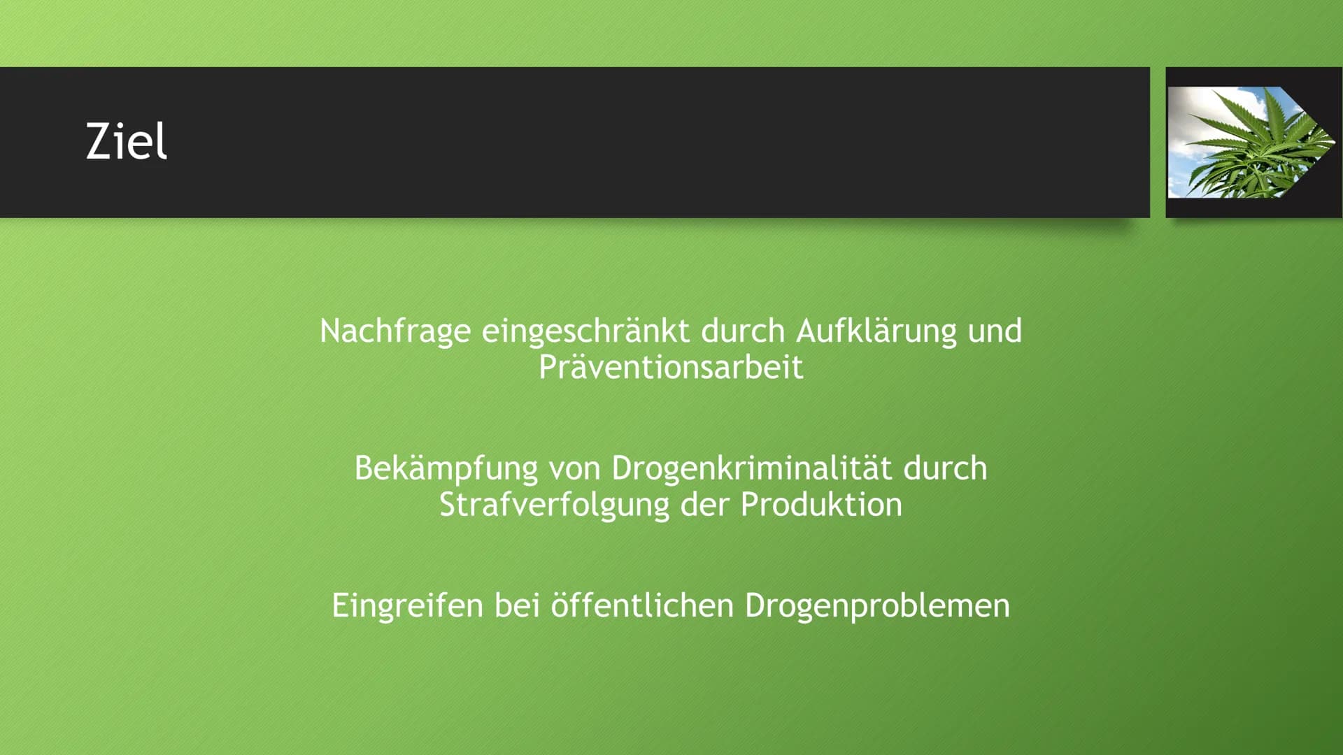 Die Drogenpolitik in den
Niederlanden Gesetzliche Regelung
Duldungspolitik
Max. 5g pro Person
Max. Vorrat 500g
Keine Belästigung darstellen
