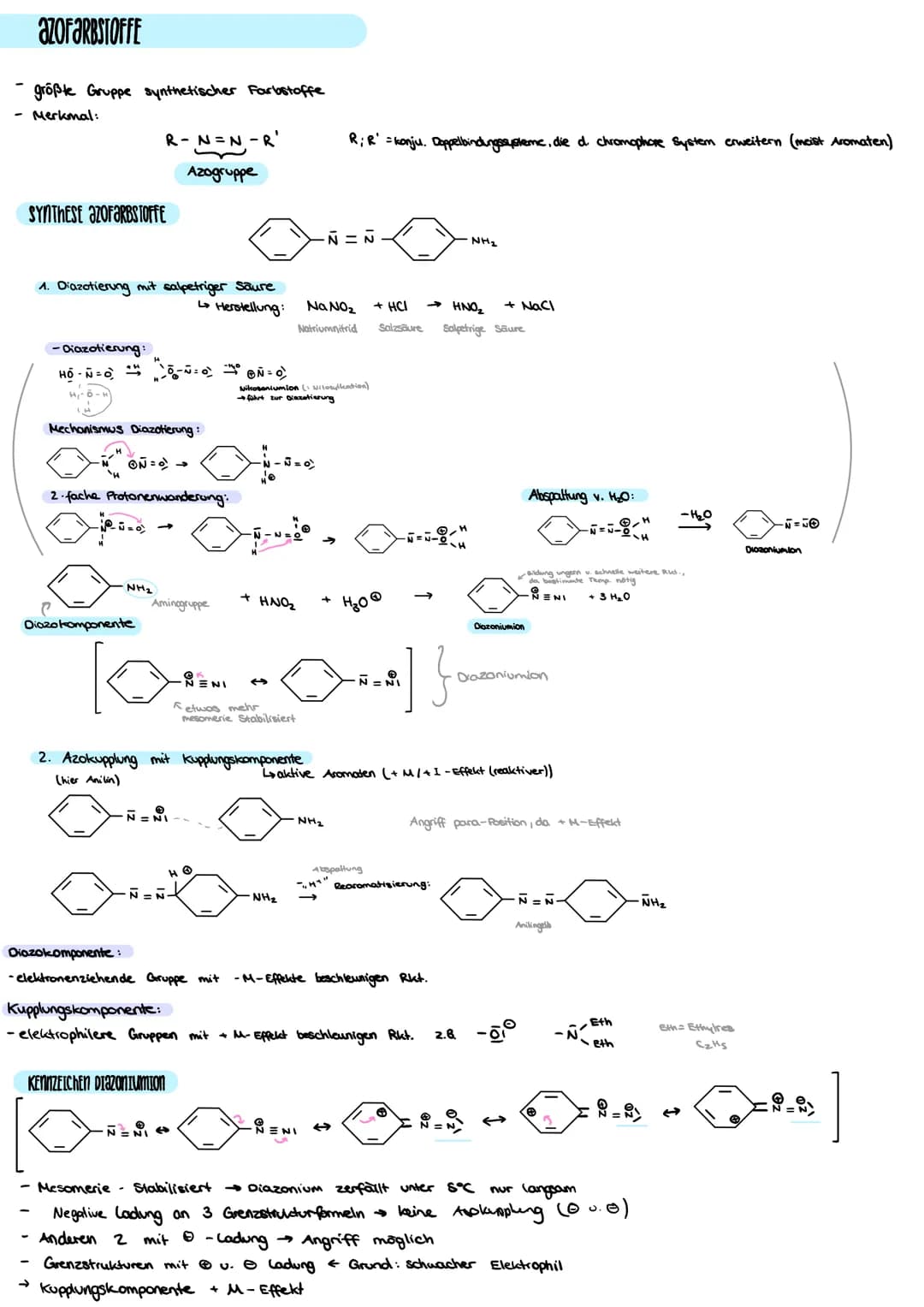 azofaRBSTOFFE
größte Gruppe synthetischer Farbstoffe
- Merkmal:
SYNTHESE AZOFARBSTOFFE
1. Diazotierung mit salpetriger Säure
↳> Herstellung: