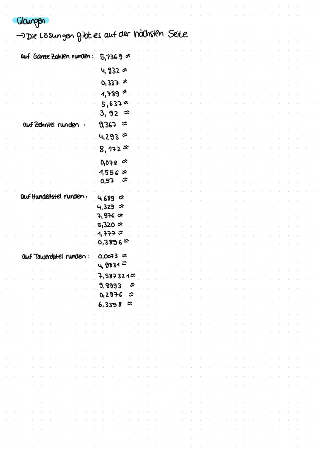 übungen
→ Die Lösungen gibt es auf der nächsten Seite
auf Ganze Zahlen runden: 5,7369
4,932
0,337
1,789.
5,637*
3,92
auf Zehntel runden
auf 