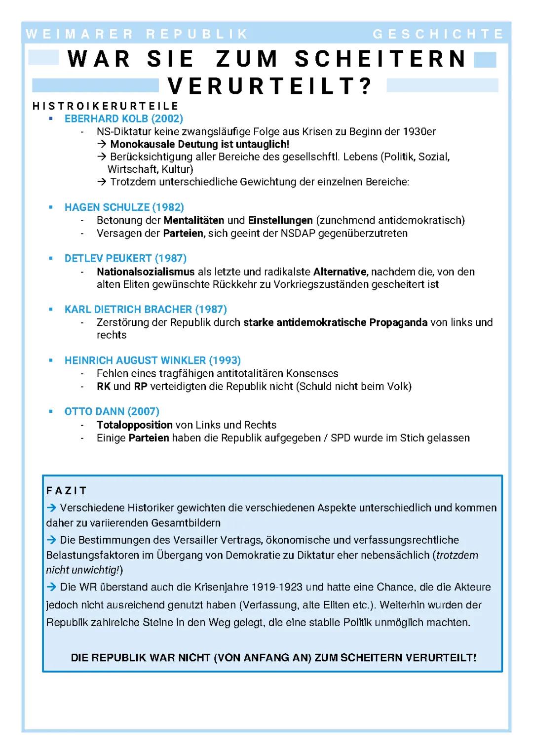 War die Weimarer Republik wirklich zum Scheitern verurteilt? Pro und Contra plus Zusammenfassung