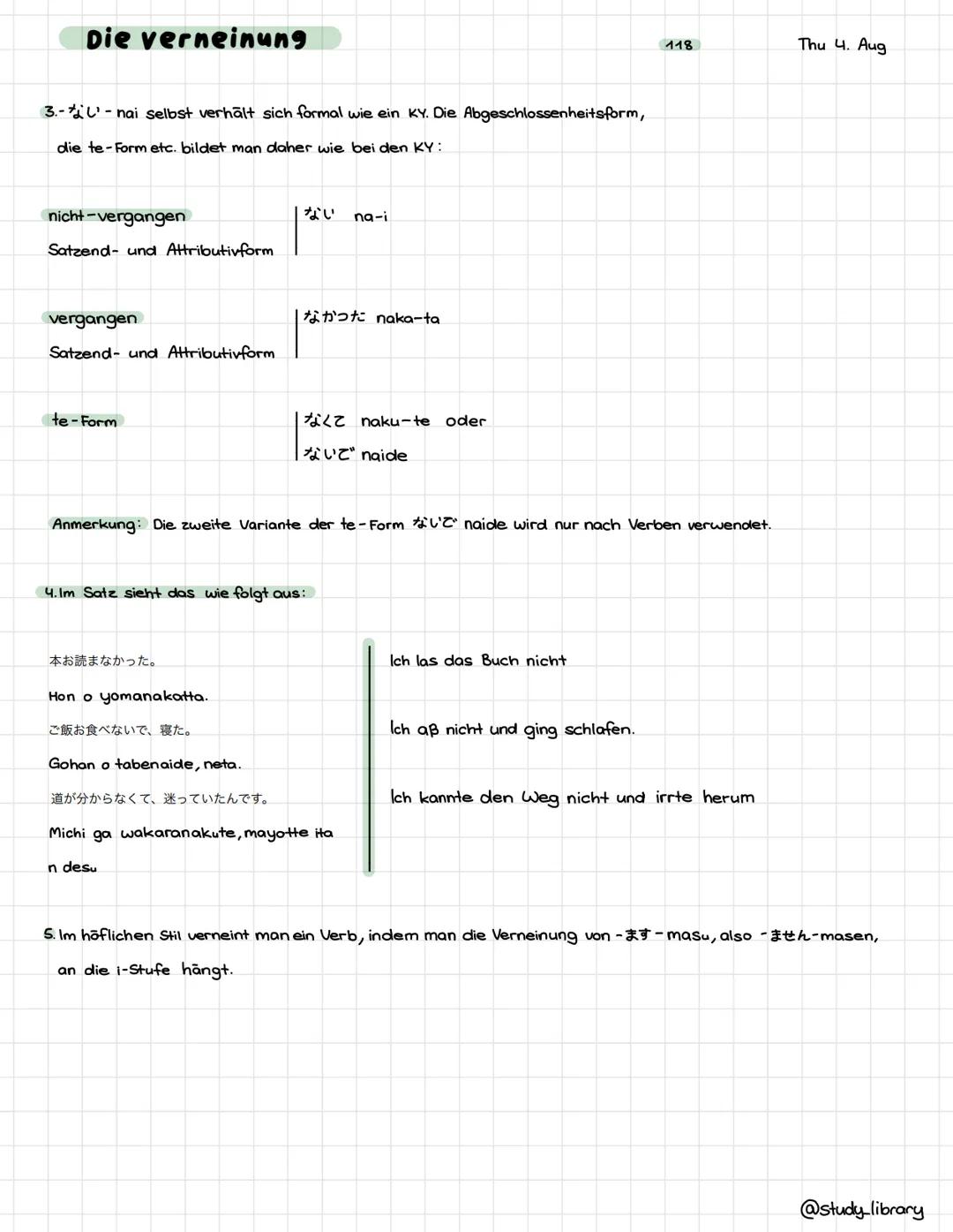 Die verneinung
Einstufige Verben
oki-ru oki-nai
1. man verneint ein Verb im Neutralen Stil, indem man das Suffix -til-nai an die a-Stufe ang