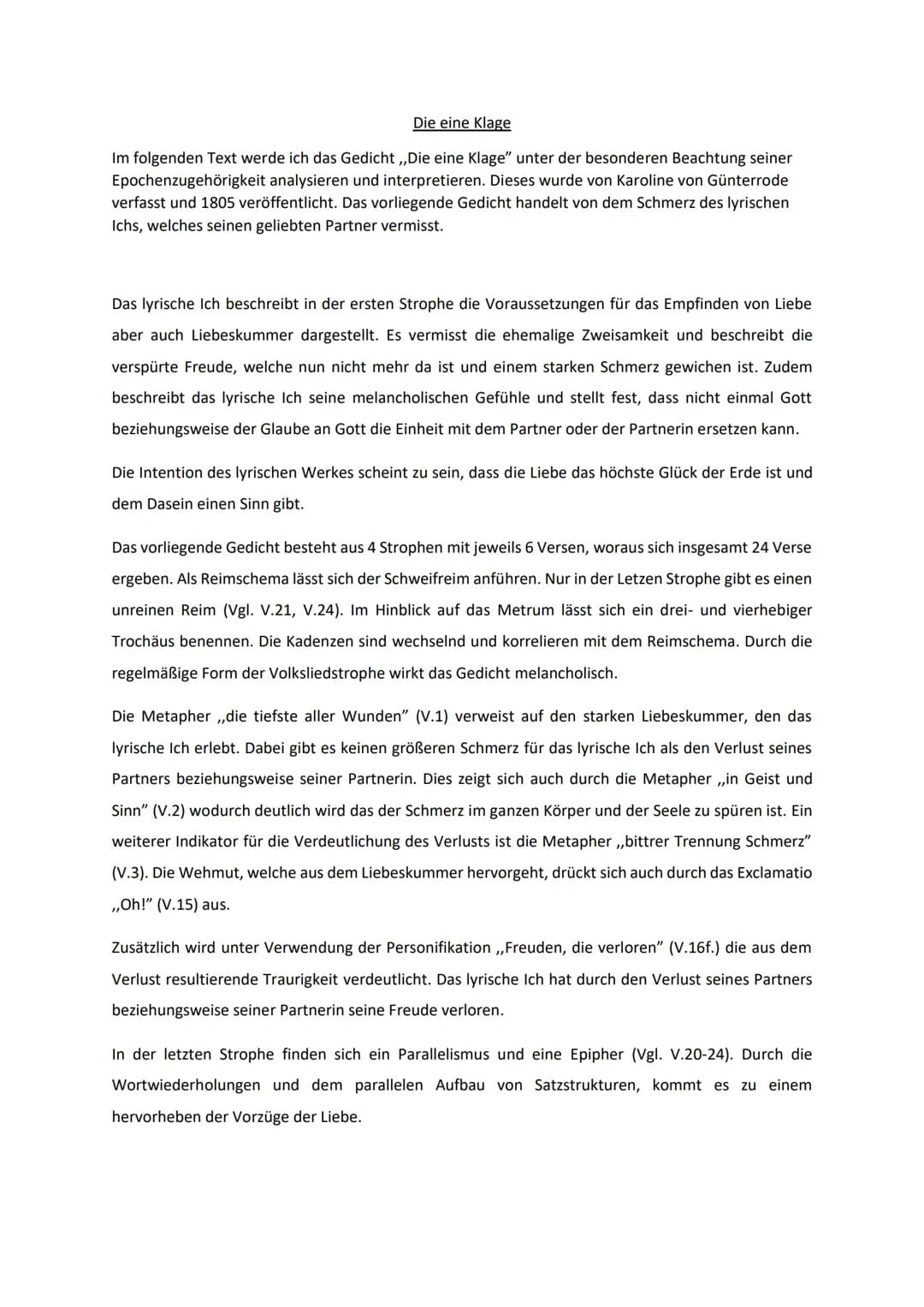Die eine Klage
Im folgenden Text werde ich das Gedicht ,,Die eine Klage" unter der besonderen Beachtung seiner
Epochenzugehörigkeit analysie