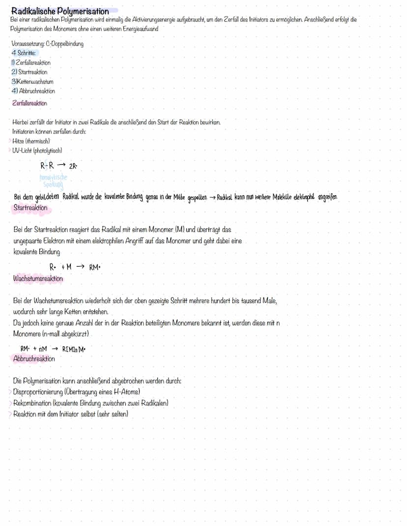Radikal:
freies e-
Paar
al radikalische Polymerisation
Voraussetzung: C-C-Doppelbindung
1) Startreaktion (Schritt mehr als rad. Substitution