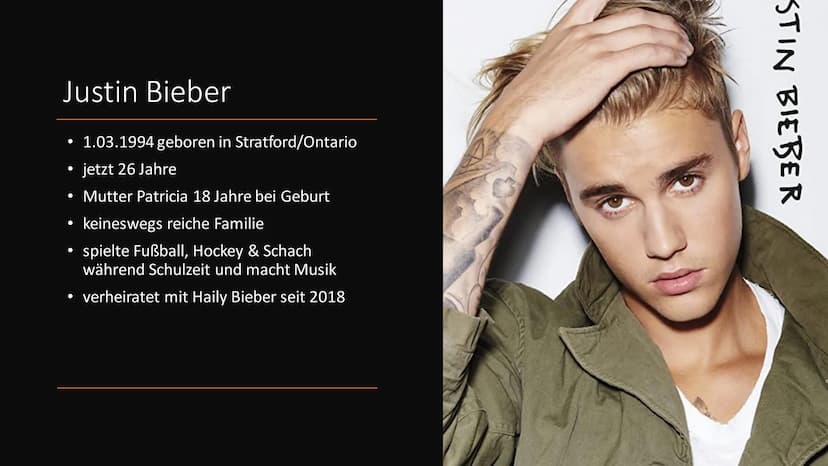 Justin Bieber
ANETA Inhalt
●
●
Justin Bieber
Karriere
Auszeichnungen
Tourneen
Veröffentlichungen
Quellen Justin Bieber
• 1.03.1994 geboren i