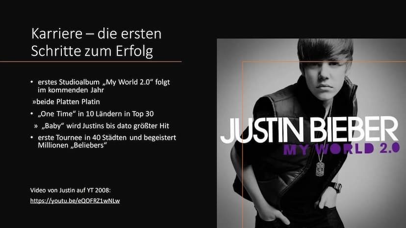 Justin Bieber
ANETA Inhalt
●
●
Justin Bieber
Karriere
Auszeichnungen
Tourneen
Veröffentlichungen
Quellen Justin Bieber
• 1.03.1994 geboren i