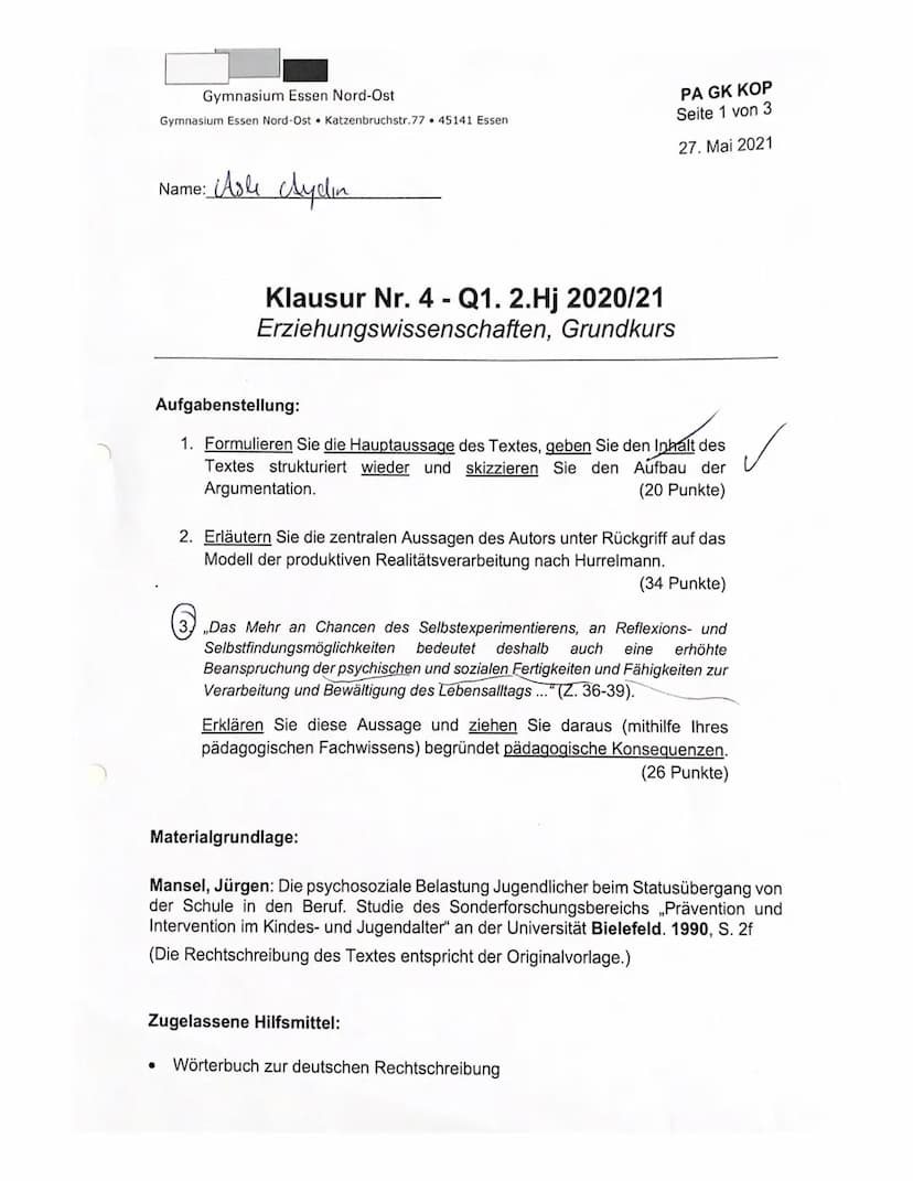 ))
Klausur Nr.4
Jahrgangsstufe Q1.2
Name: ASLI
Teilleistungen - Kriterien
a) Inhaltliche Leistung
Auf. 1
Auf. 2
ANFORDERUNGEN
Der Prüfling
2
