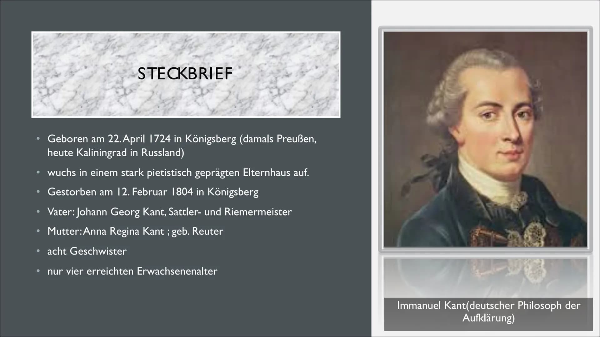 IMMANUEL KANT
Von Anna Lena und Anna INHALT
1. Steckbrief
2. Allgemeines
3. Biografie
4. Kritik der reinen Vernunft(die vier
wesentlichen Fr