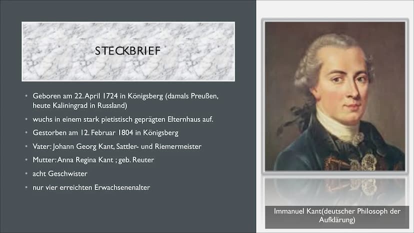 IMMANUEL KANT
Von Anna Lena und Anna INHALT
1. Steckbrief
2. Allgemeines
3. Biografie
4. Kritik der reinen Vernunft(die vier
wesentlichen Fr