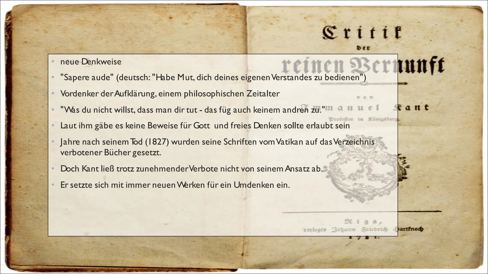 IMMANUEL KANT
Von Anna Lena und Anna INHALT
1. Steckbrief
2. Allgemeines
3. Biografie
4. Kritik der reinen Vernunft(die vier
wesentlichen Fr