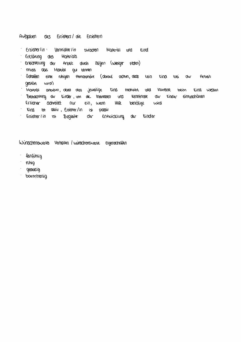 Aufgaben des Erziehers/ die Erziehern
Erzieher/in: Vermittler (in zwischen Material und Kind
Erklärung des Materials
Erleichterung der Arbei