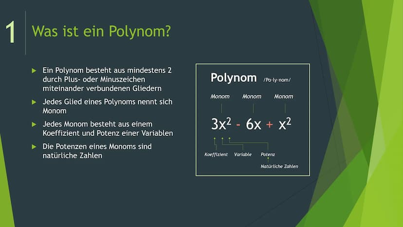 Polynomdivision Inhaltsangabe
1
Polynom
4 Beispiel
2 Anwendung
5
Aufgaben
3
6
Erarbeitung
Quellen 1 Was ist ein Polynom?
Ein Polynom besteht