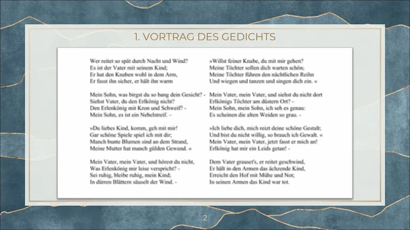 ERLKÖNIG
Johann Wolfgang von Goethe 1. VORTRAG DES GEDICHTS
Wer reitet so spät durch Nacht und Wind?
Es ist der Vater mit seinem Kind;
Er ha