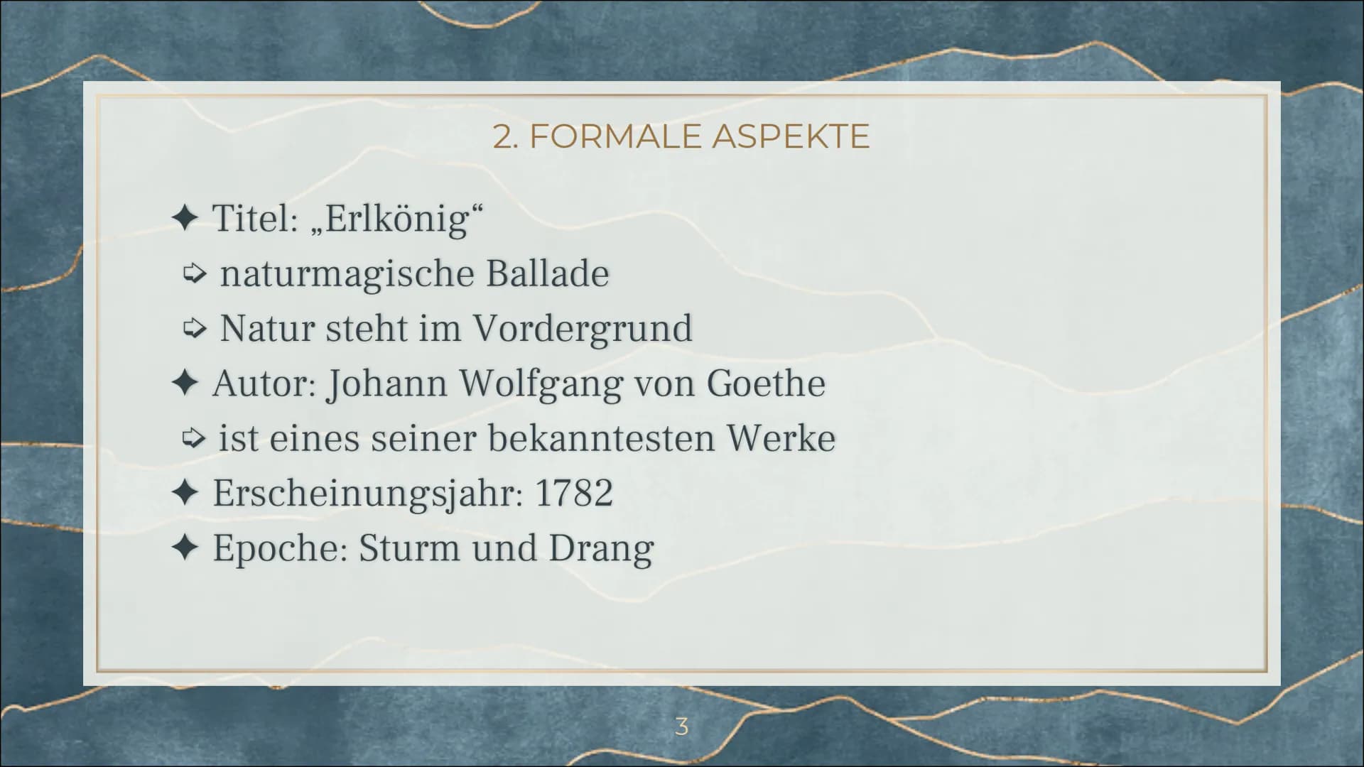 ERLKÖNIG
Johann Wolfgang von Goethe 1. VORTRAG DES GEDICHTS
Wer reitet so spät durch Nacht und Wind?
Es ist der Vater mit seinem Kind;
Er ha