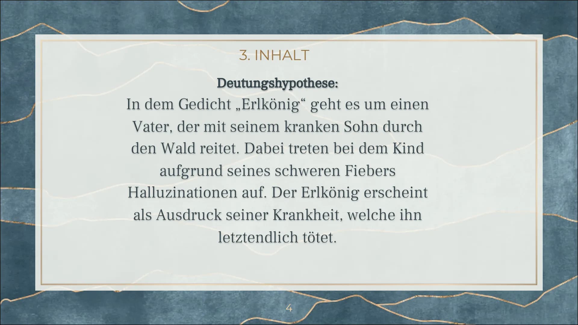 ERLKÖNIG
Johann Wolfgang von Goethe 1. VORTRAG DES GEDICHTS
Wer reitet so spät durch Nacht und Wind?
Es ist der Vater mit seinem Kind;
Er ha
