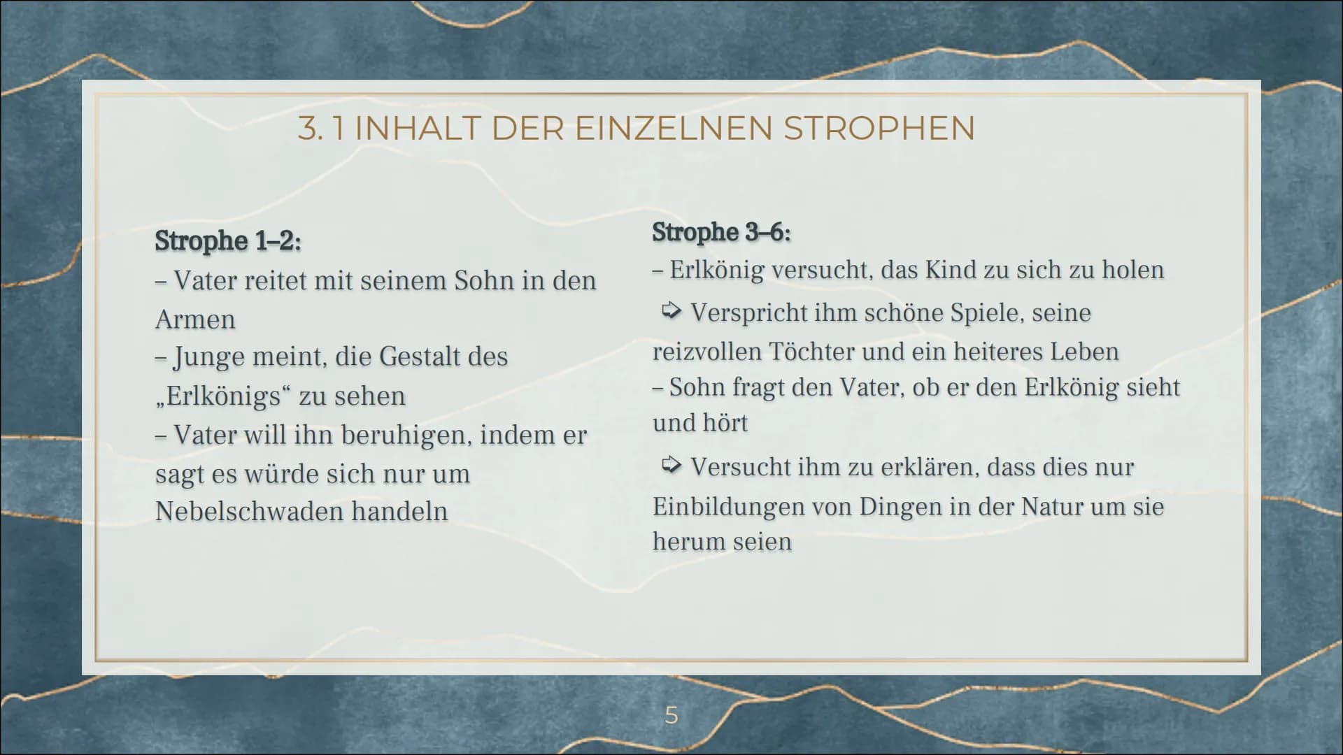 ERLKÖNIG
Johann Wolfgang von Goethe 1. VORTRAG DES GEDICHTS
Wer reitet so spät durch Nacht und Wind?
Es ist der Vater mit seinem Kind;
Er ha