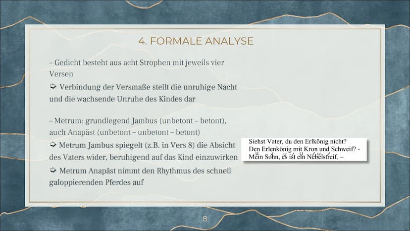 ERLKÖNIG
Johann Wolfgang von Goethe 1. VORTRAG DES GEDICHTS
Wer reitet so spät durch Nacht und Wind?
Es ist der Vater mit seinem Kind;
Er ha
