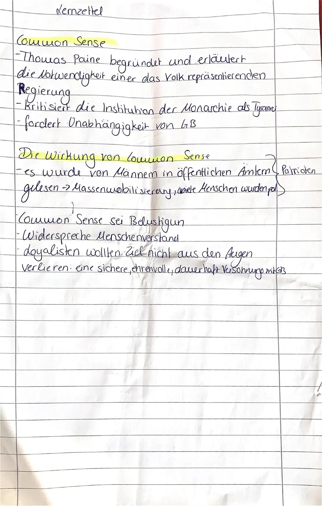 Lernzettel

Common Sengse

-Thomas Paine Sprecher der Massen

- Großbritannien wollte nur eigenen Verteil
und nicht Zuneigung

-Europa ist S