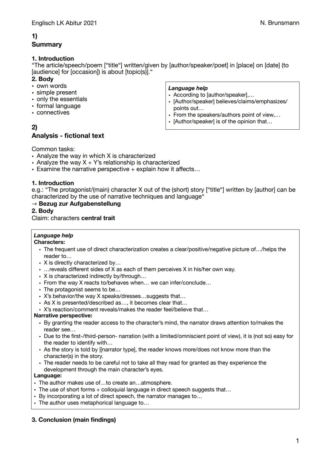 Englisch LK Abitur 2021
1)
Summary
1. Introduction
"The article/speech/poem ["title"] written/given by [author/speaker/poet] in [place] on [