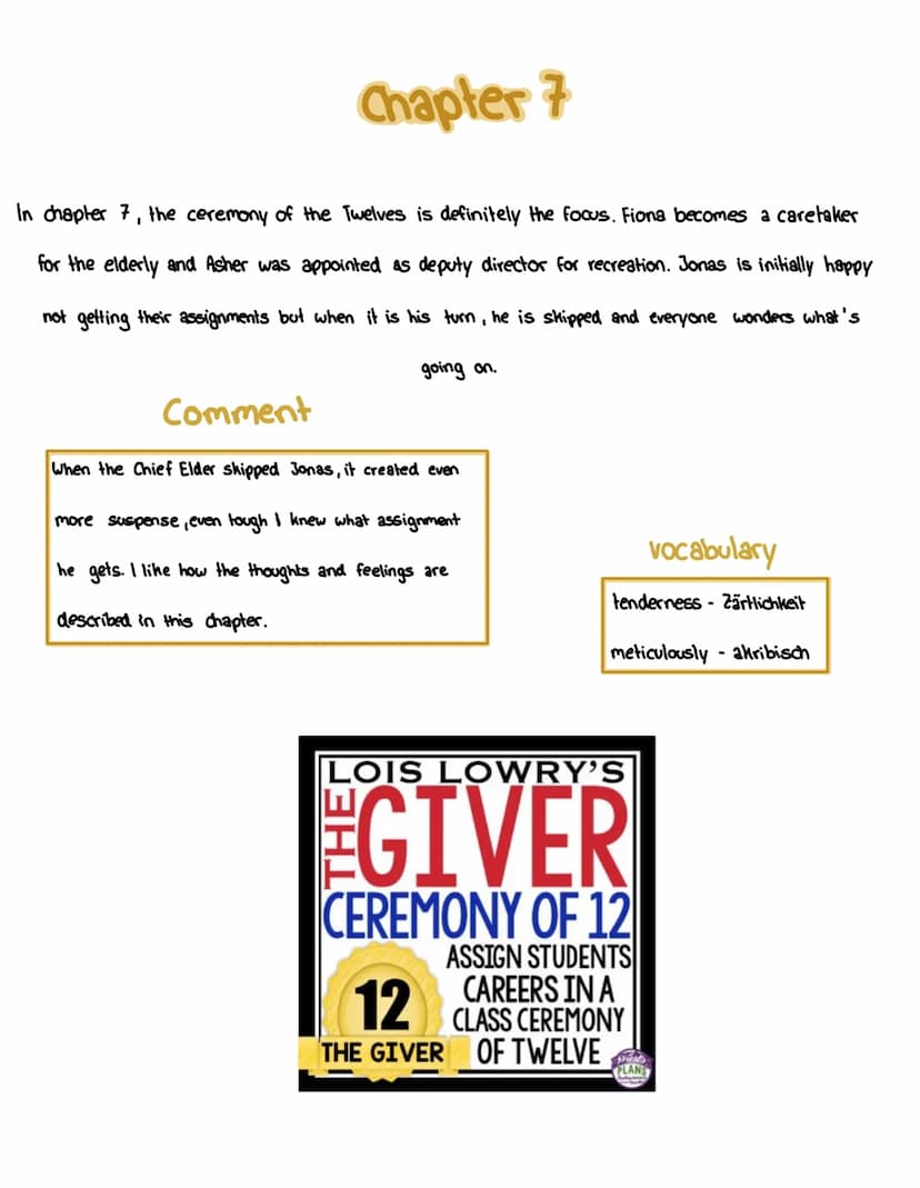 THE GIVER
Lois Lowry
Reading Log by Chapter 1
In the first chapter, you will learn about the community life and an older memory of Jonas
whi