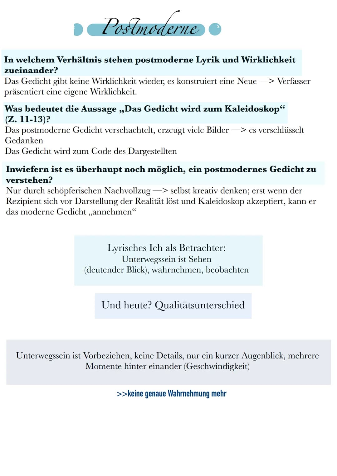 Postmoderne
In welchem Verhältnis stehen postmoderne Lyrik und Wirklichkeit
zueinander?
Das Gedicht gibt keine Wirklichkeit wieder, es konst