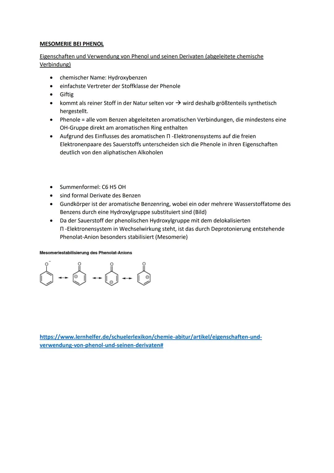 MESOMERIE BEI PHENOL
Eigenschaften und Verwendung von Phenol und seinen Derivaten (abgeleitete chemische
Verbindung)
chemischer Name: Hydrox