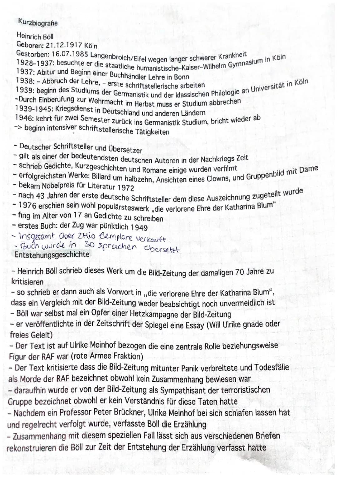Kurzbiografie
Heinrich Böll
Geboren: 21.12.1917 Köln
Gestorben: 16.07.1985 Langenbroich/Eifel wegen langer schwerer Krankheit
1928-1937: bes