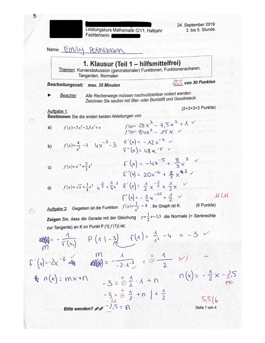 1. Klausur
Sa) Extrema not. Bed. f'(x) = 0
3
f(x) = -0,4 x ³ + 2₁ 7 x² + 16x + 285
_f'(x) = ~ 1,² x ² + 5,4x + 16 ~
F"(x) = -2,4x +5.4
f"(x)