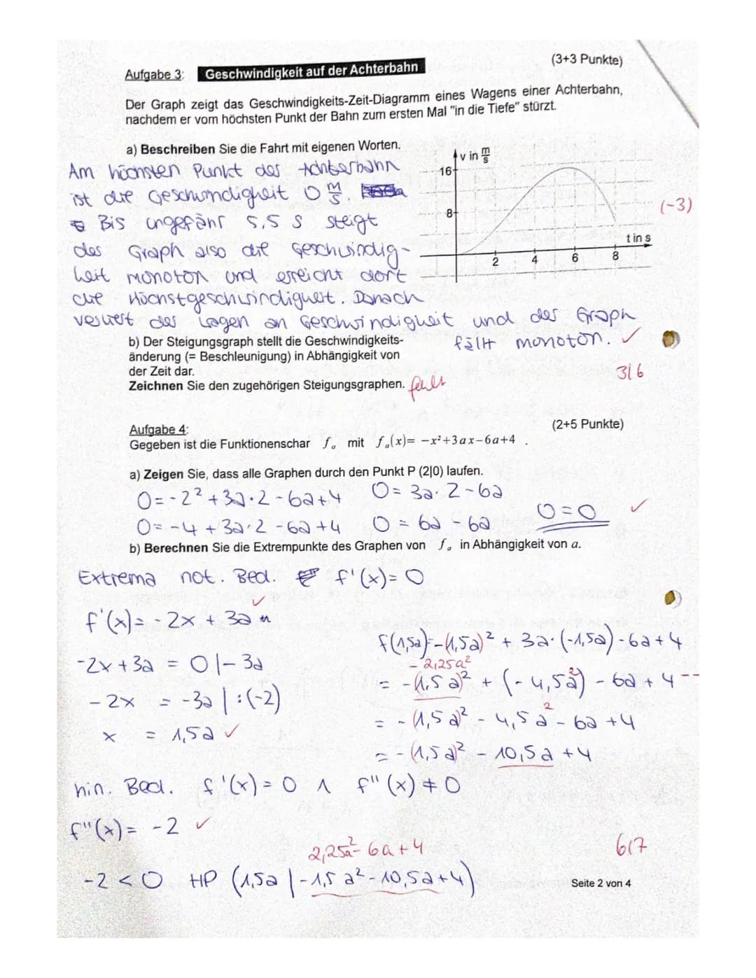 1. Klausur
Sa) Extrema not. Bed. f'(x) = 0
3
f(x) = -0,4 x ³ + 2₁ 7 x² + 16x + 285
_f'(x) = ~ 1,² x ² + 5,4x + 16 ~
F"(x) = -2,4x +5.4
f"(x)