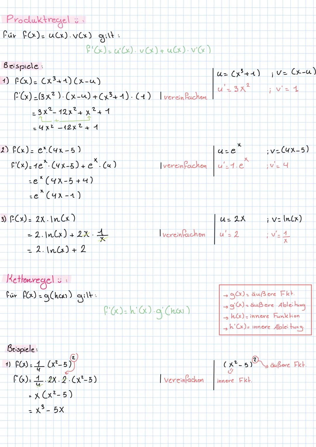 Produktregel
für f(x)= u(x). v(x) gilt:
Beispiele:
1) F(x) = (x³ + 1)(x-u)
f'(x) = (3x²). (x-u) + (x³ + 1). (1) | vereinfachen
2
-3x²-12x² +