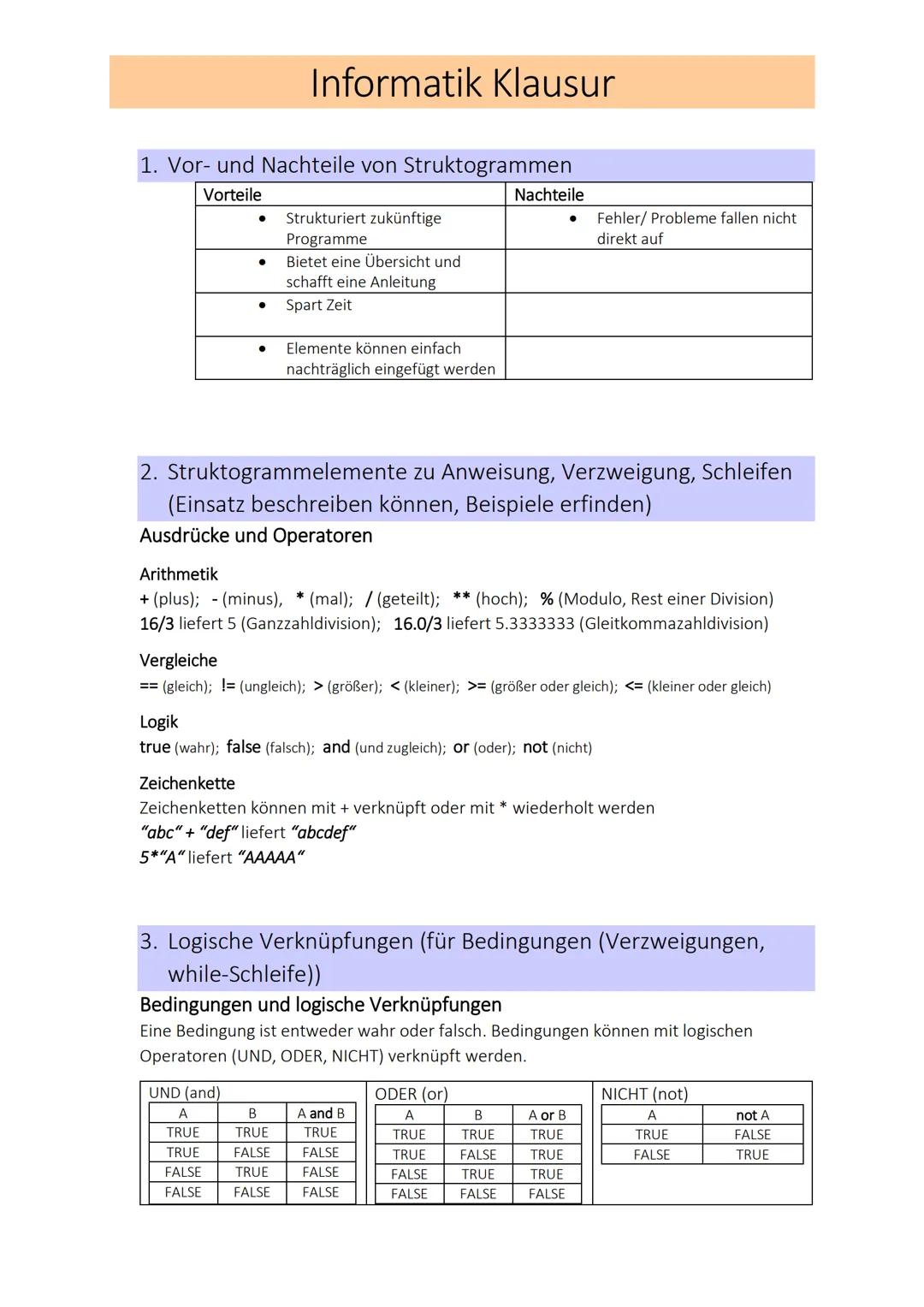 1. Vor- und Nachteile von Struktogrammen
Vorteile
●
●
●
●
Informatik Klausur
Strukturiert zukünftige
Programme
Bietet eine Übersicht und
sch