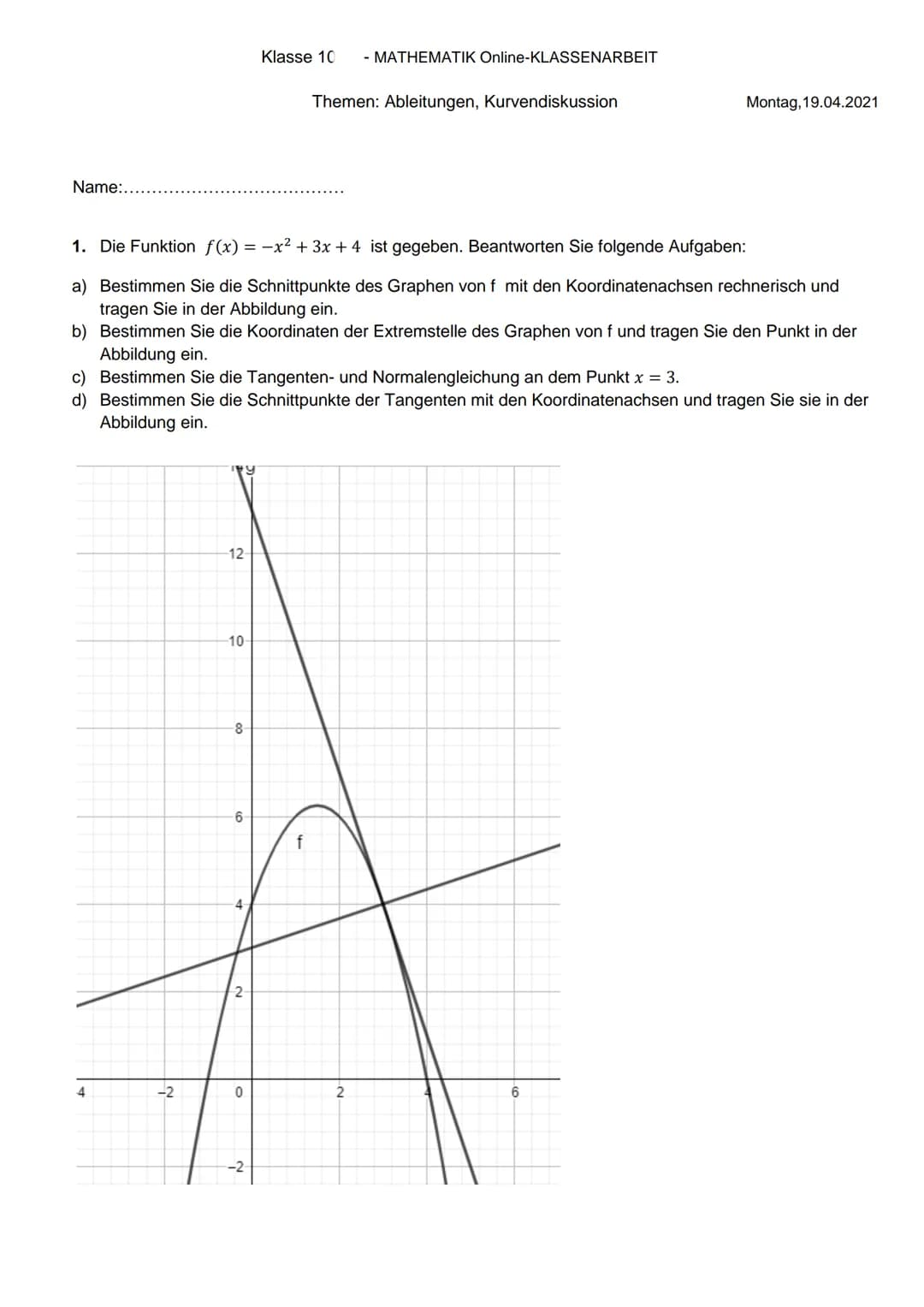 Name:....
4
-2
1. Die Funktion f(x) = -x² + 3x + 4 ist gegeben. Beantworten Sie folgende Aufgaben:
a) Bestimmen Sie die Schnittpunkte des Gr