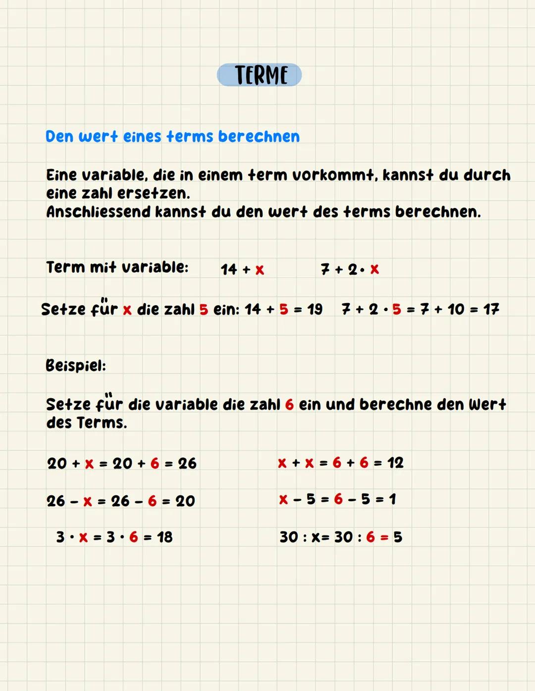 Den wert eines terms berechnen
Eine variable, die in einem term vorkommt, kannst du durch
eine zahl ersetzen.
Anschliessend kannst du den we