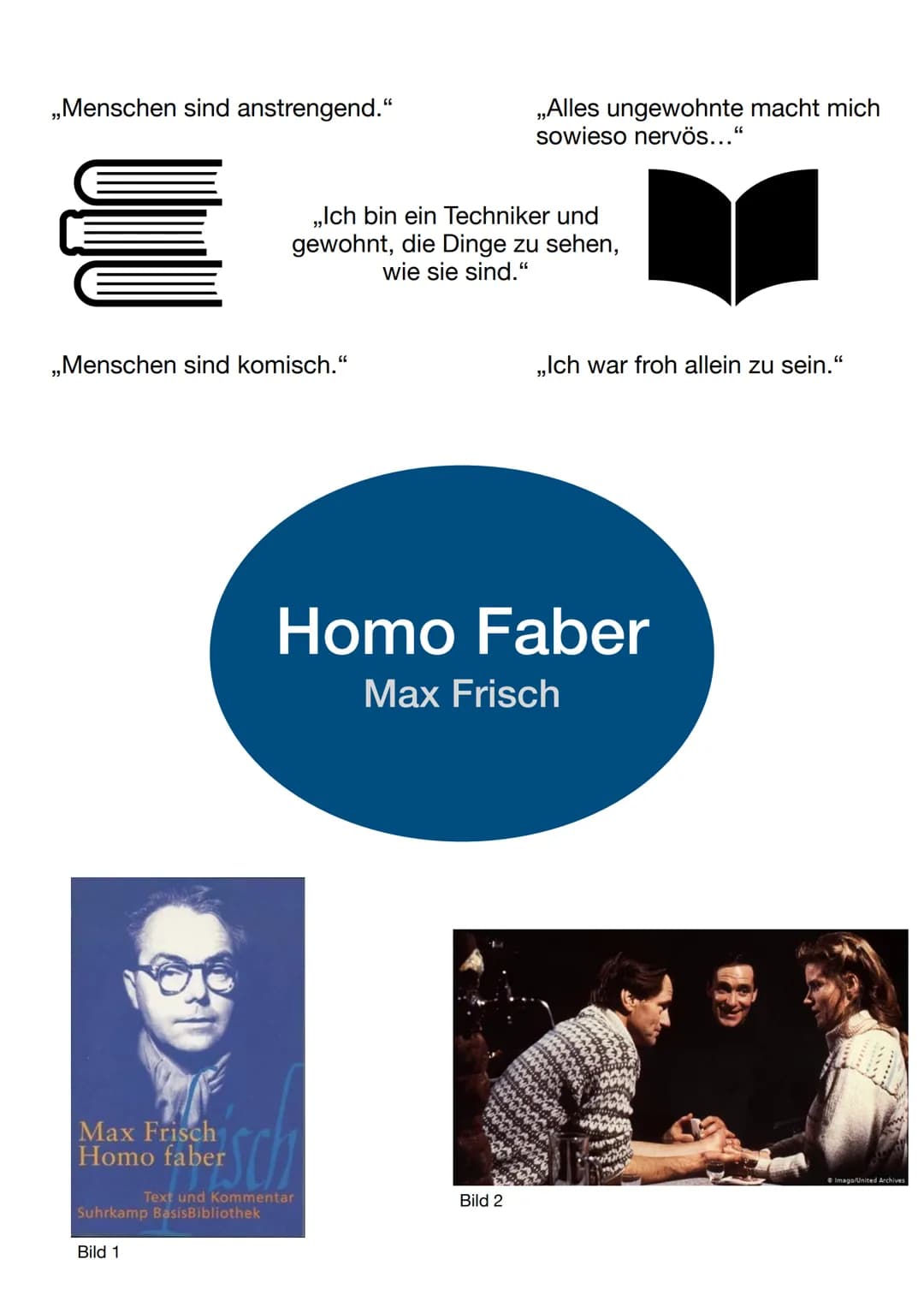 ,,Menschen sind anstrengend."
,,Menschen sind komisch."
Max Frisch
Homo faber
,,Ich bin ein Techniker und
gewohnt, die Dinge zu sehen,
wie s